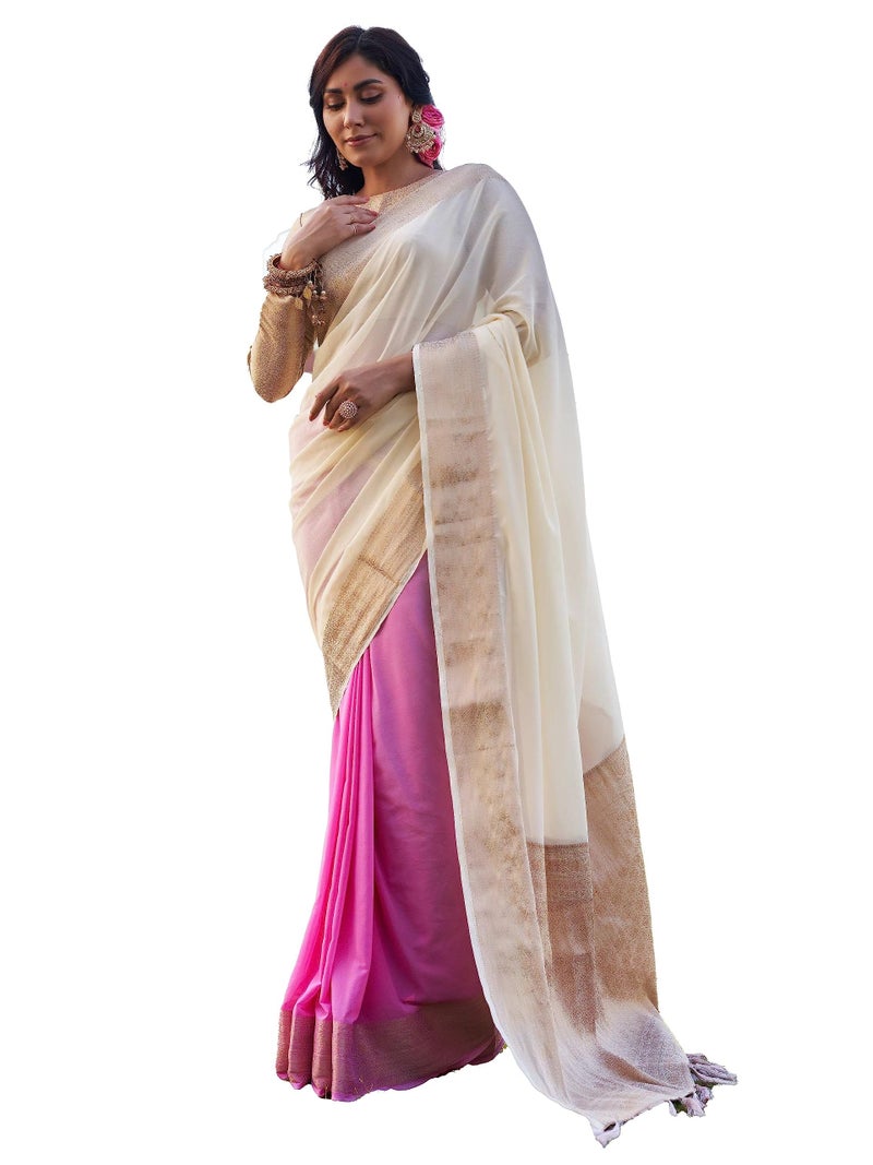 Vardha Women Banarasi Georgette Woven Work Half & Half Saree For Women With Gold Zari Border & Unstitched Blouse Piece - Off-White, Pink, Off-White Sari ishani, 653 - Image 5