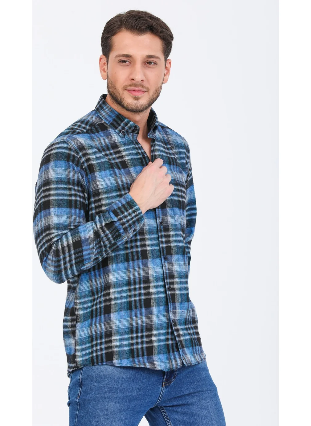 Varetta Men's Blue Long Sleeve Checked Pocket Collar Buttoned Winter Shirt