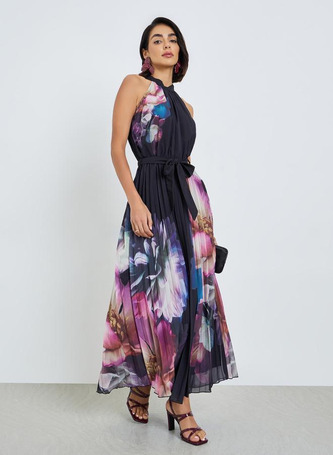Navy Blue Floral Print Pleated A-Line Maxi Dress
