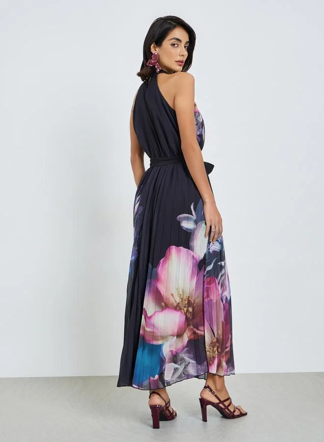 Styli floral print Navy Blue Floral Print Pleated A-Line Maxi Dress for Women | Best Price UAE