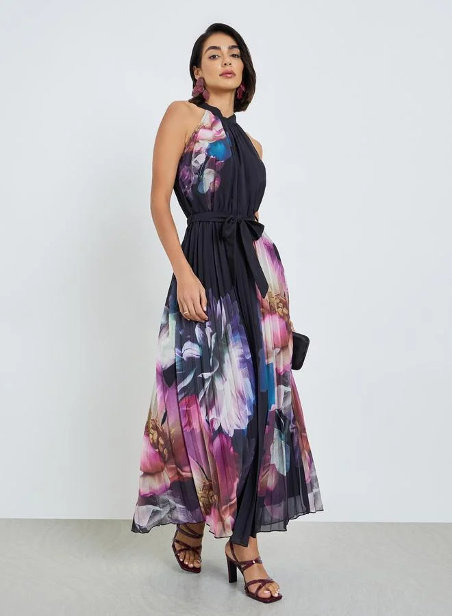 Styli Navy Blue Floral Print Pleated A-Line Maxi Dress