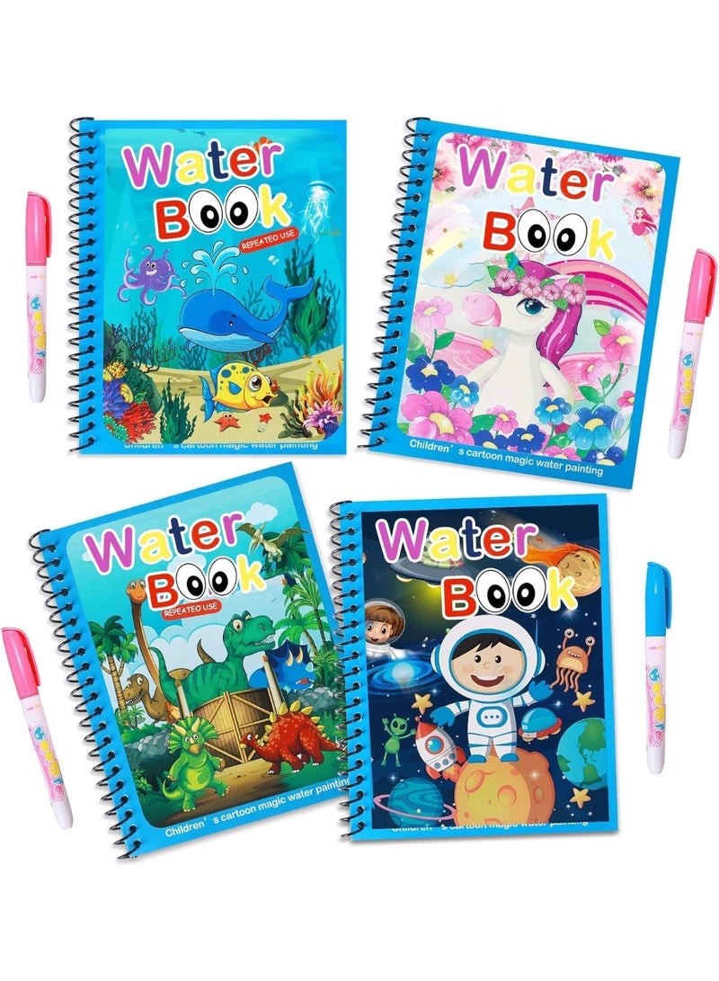 دي إم جي تك مجموعة من 4 كتب تلوين مائية سحرية من DMG مع قلم مائي، كتب تلوين كرتونية قابلة لإعادة الاستخدام للأطفال الصغار، كتب تلوين كرتونية على شكل وحيد القرن، ألعاب تعليمية للأولاد والبنات، هدايا - Image 1