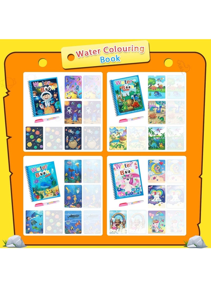 دي إم جي تك مجموعة من 4 كتب تلوين مائية سحرية من DMG مع قلم مائي، كتب تلوين كرتونية قابلة لإعادة الاستخدام للأطفال الصغار، كتب تلوين كرتونية على شكل وحيد القرن، ألعاب تعليمية للأولاد والبنات، هدايا - Image 2