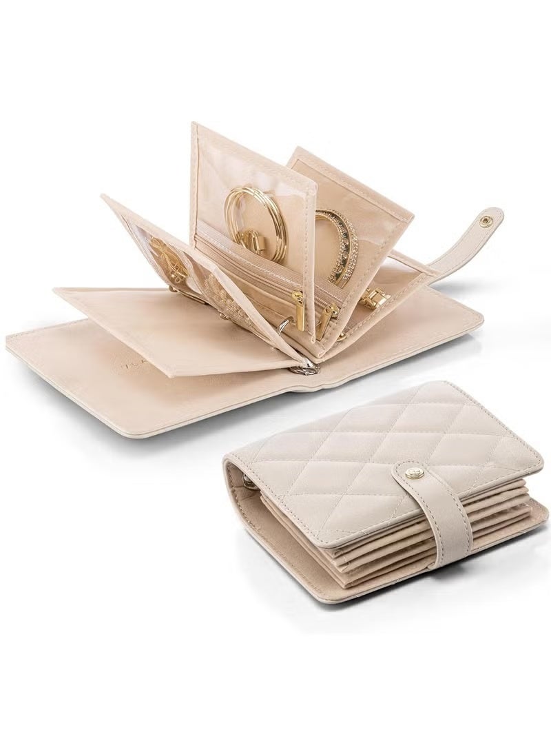 حقيبة تنظيم مجوهرات للسفر، جيوب شفافة لحفظ الأقراط والأساور والقلادات والخواتم، صندوق تخزين صغير للنساء، لون أبيض. - Image 1