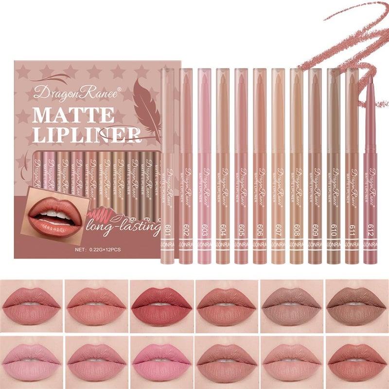 12PCS Creamy Matte Lip Liner Pencil Set Waterproof Long Lasting Color LipstickSoft Pink Lip Filler LinerPerfect Pout Gel Makeup Kit for Women