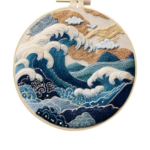FONNUY Embroidery Kit for Beginners, Stormy Sea Wave Flowers Pre-Stamped Pattern Kits for Adults with Hoop, Easy to Follow Color Thread Needlework, 8'' Hoop (White) - Image 1
