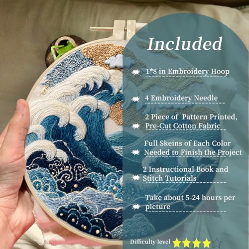 FONNUY Embroidery Kit for Beginners, Stormy Sea Wave Flowers Pre-Stamped Pattern Kits for Adults with Hoop, Easy to Follow Color Thread Needlework, 8'' Hoop (White) - Image 2