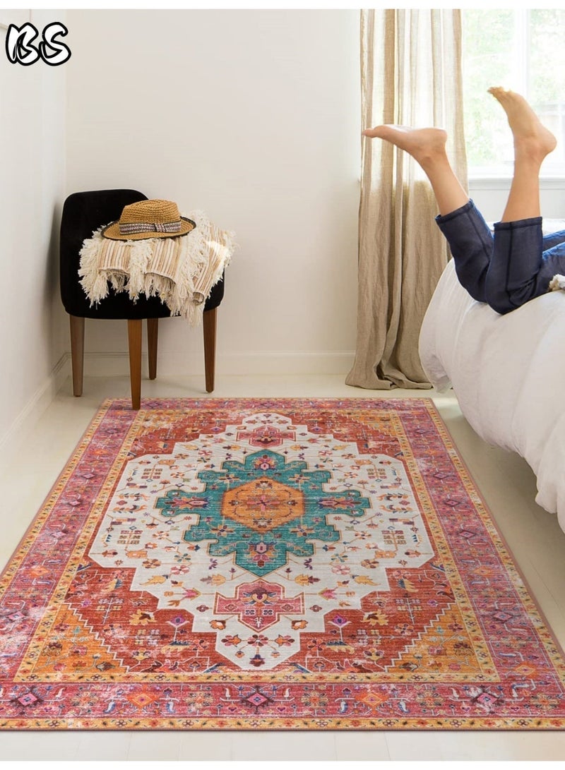 BS 140x200cm Bohemian Vintage Style Indoor Living Room/Outdoor Camping Blanket | Washable, Durable, Non-Slip Rug | Short Pile Indoor Carpet | Vibrant Colors | Exquisite Pattern | Soft Short Pile | Perfect for Camping, Patio, Living Room, Bedroom, Dining Room, Kitchen and Entryway. - Image 2
