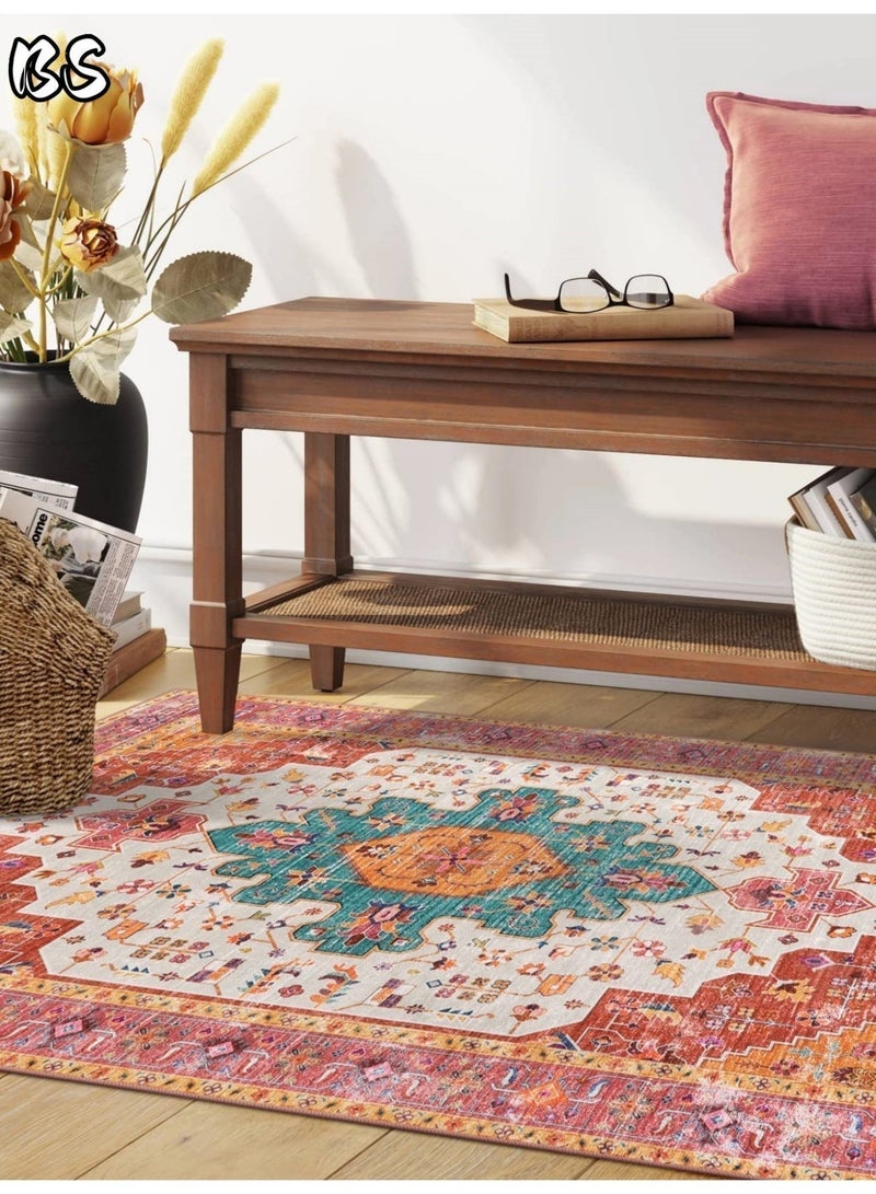 BS 140x200cm Bohemian Vintage Style Indoor Living Room/Outdoor Camping Blanket | Washable, Durable, Non-Slip Rug | Short Pile Indoor Carpet | Vibrant Colors | Exquisite Pattern | Soft Short Pile | Perfect for Camping, Patio, Living Room, Bedroom, Dining Room, Kitchen and Entryway. - Image 4