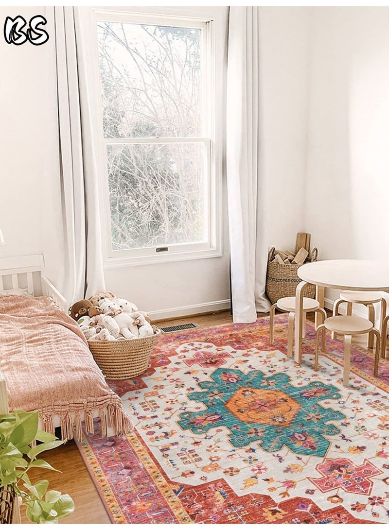 BS 140x200cm Bohemian Vintage Style Indoor Living Room/Outdoor Camping Blanket | Washable, Durable, Non-Slip Rug | Short Pile Indoor Carpet | Vibrant Colors | Exquisite Pattern | Soft Short Pile | Perfect for Camping, Patio, Living Room, Bedroom, Dining Room, Kitchen and Entryway. - Image 3