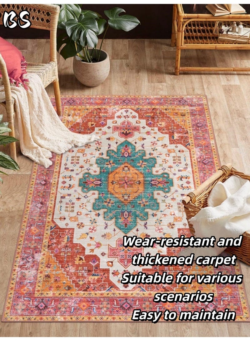 BS 140x200cm Bohemian Vintage Style Indoor Living Room/Outdoor Camping Blanket | Washable, Durable, Non-Slip Rug | Short Pile Indoor Carpet | Vibrant Colors | Exquisite Pattern | Soft Short Pile | Perfect for Camping, Patio, Living Room, Bedroom, Dining Room, Kitchen and Entryway. - Image 1