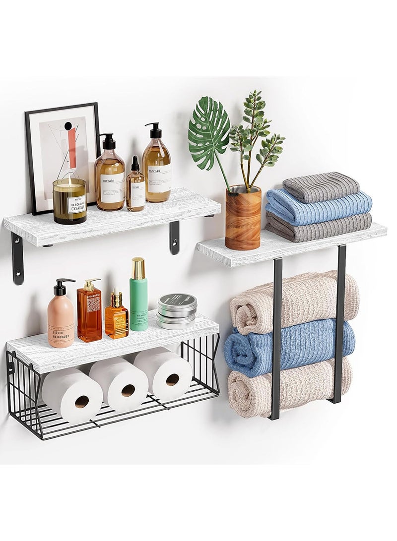 Set of 3 Wall Mounted Floating Shelves Wall Mounted Bathroom Shelf with Towel Rack Paper Holder Storage ,Rustic Wood Farmhouse Shelves for Wall Decor Bathroom  - Image 1