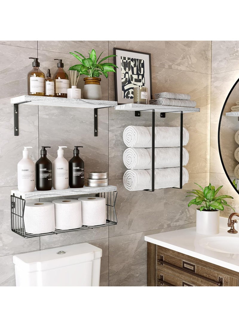 Set of 3 Wall Mounted Floating Shelves Wall Mounted Bathroom Shelf with Towel Rack Paper Holder Storage ,Rustic Wood Farmhouse Shelves for Wall Decor Bathroom  - Image 5