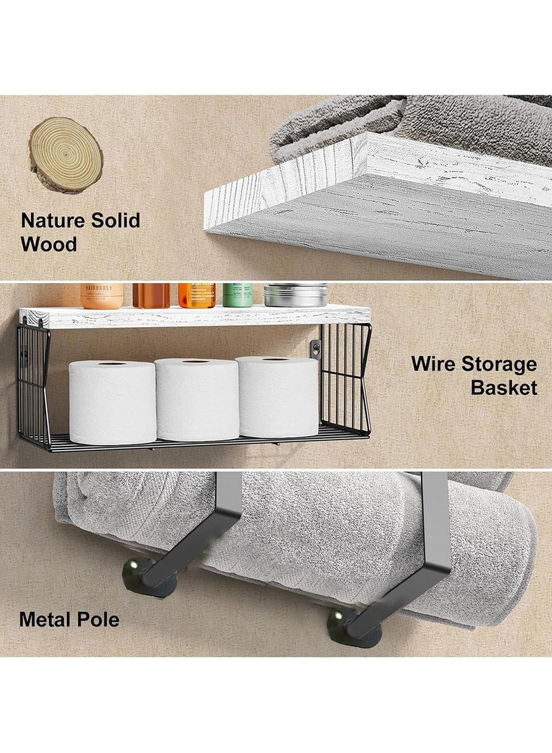 Set of 3 Wall Mounted Floating Shelves Wall Mounted Bathroom Shelf with Towel Rack Paper Holder Storage ,Rustic Wood Farmhouse Shelves for Wall Decor Bathroom  - Image 2