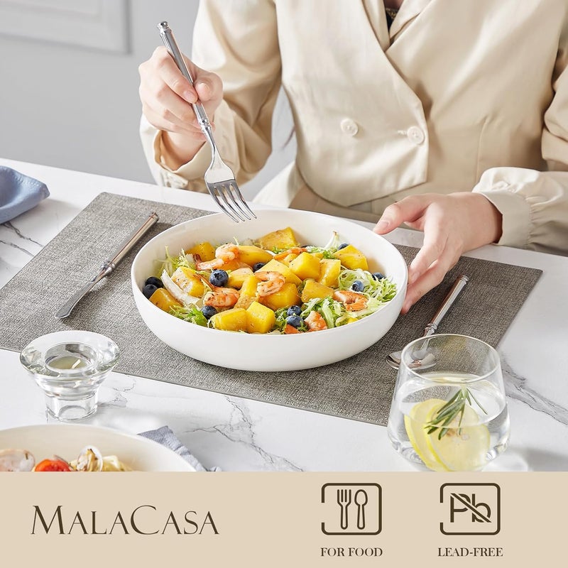 MALACASA طقم أطباق باستا سعة 48 أونصة من 4 قطع، أطباق سلطة 9 بوصة، أطباق سيراميك بيضاء للتقديم في المطبخ، آمنة للاستخدام في الميكروويف وغسالة الصحون، سلسلة لونا، بيضاء - Image 3