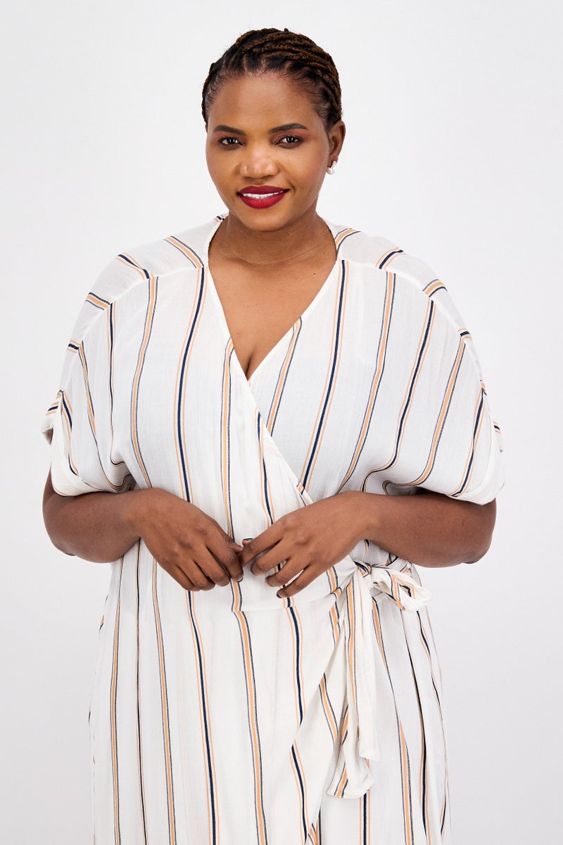Jessica Simpson Women Plus Size Striped Wrap Dress, White Combo - Image 4