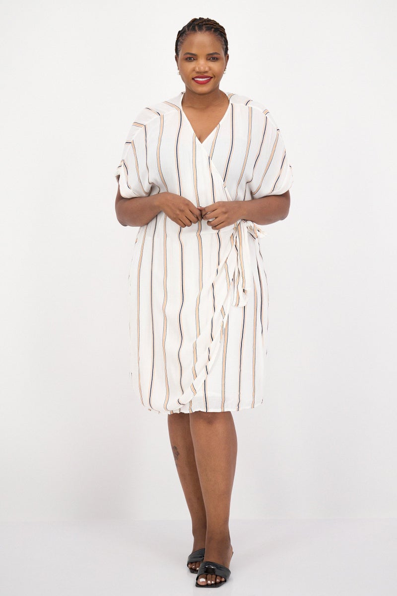 Jessica Simpson Women Plus Size Striped Wrap Dress, White Combo - Image 1
