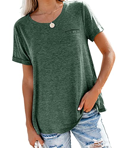 Bingerlily Women's Roll Up Short Sleeve T Shirts Summer Crew Neck Tops Loose Causal Tees with Pocket Green - Image 1