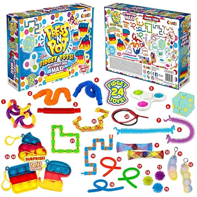 CRAZE PressNPop Press N My Box Maxi 24 Toys Anti-Stress Toy Set with Pop It Key Hanger Cube Fidget Spinner and Much More 38147, Beautiful Colour Combinations - Image 3