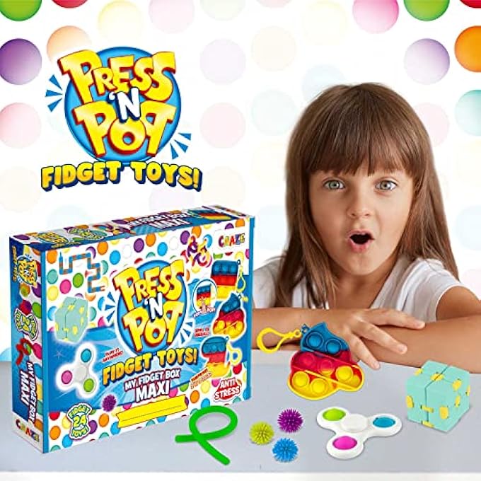 CRAZE PressNPop Press N My Box Maxi 24 Toys Anti-Stress Toy Set with Pop It Key Hanger Cube Fidget Spinner and Much More 38147, Beautiful Colour Combinations - Image 5