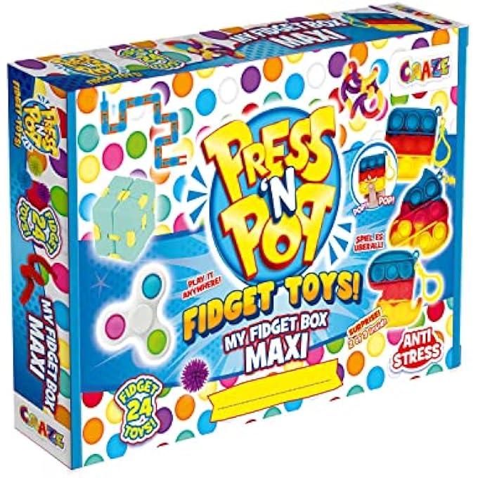 CRAZE PressNPop Press N My Box Maxi 24 Toys Anti-Stress Toy Set with Pop It Key Hanger Cube Fidget Spinner and Much More 38147, Beautiful Colour Combinations - Image 1