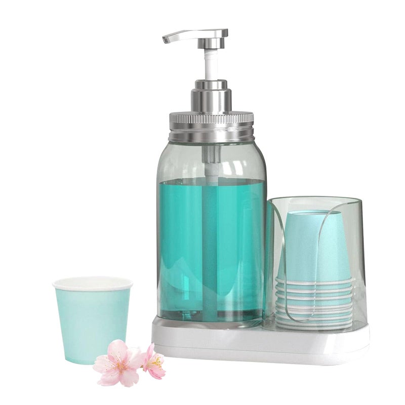 WhiteRhino WhiteRhino 25oz Mouthwash Pump Dispenser Mouthwash Container with Cup Holder Refillable Round Bottles Mouthwash Decanter with 8 Piece 4oz Paper Cup for Bathroom Countertop CupboardClear Bule
