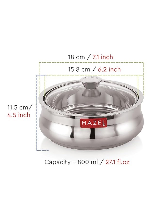 هايزل طاجن روتي من الفولاذ المقاوم للصدأ من هازل مع غطاء زجاجي | حافظة خبز شاباتي ساخنة سعة 800 مل | علبة روتي دابا من الفولاذ المقاوم للصدأ للتقديم في المطبخ وعلى المائدة | وعاء روتي - Image 3