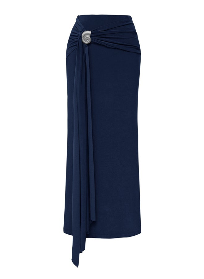 trendyol Limited Edition Navy Blue Body Fitting Accessory Detailed Knitted Long Skirt - Image 1