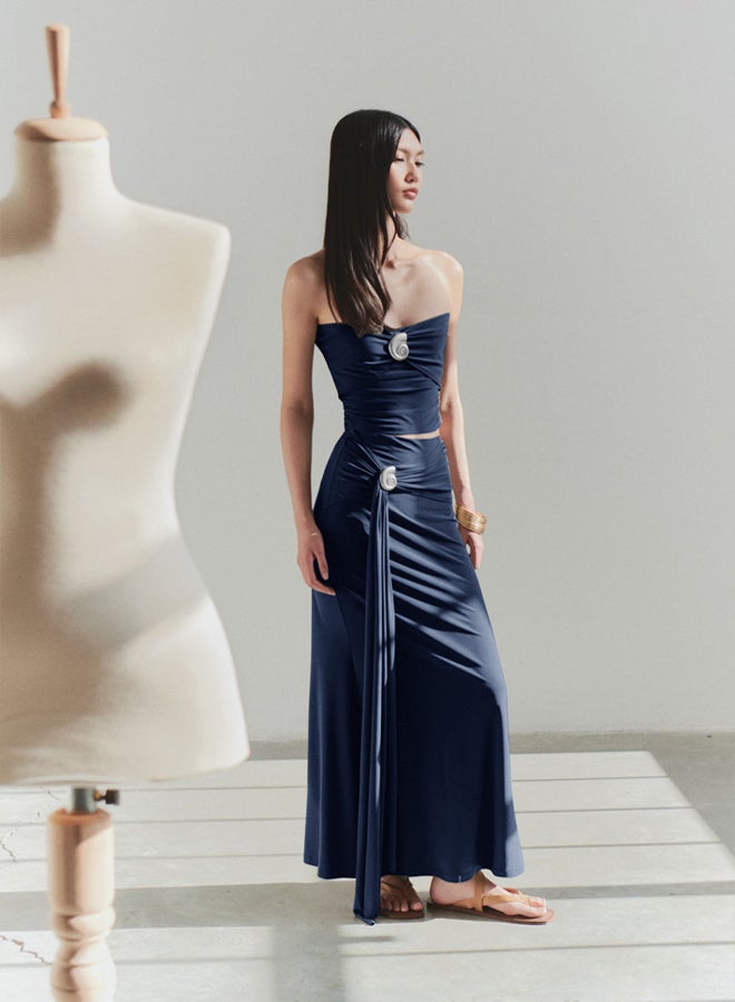 trendyol Limited Edition Navy Blue Body Fitting Accessory Detailed Knitted Long Skirt - Image 2