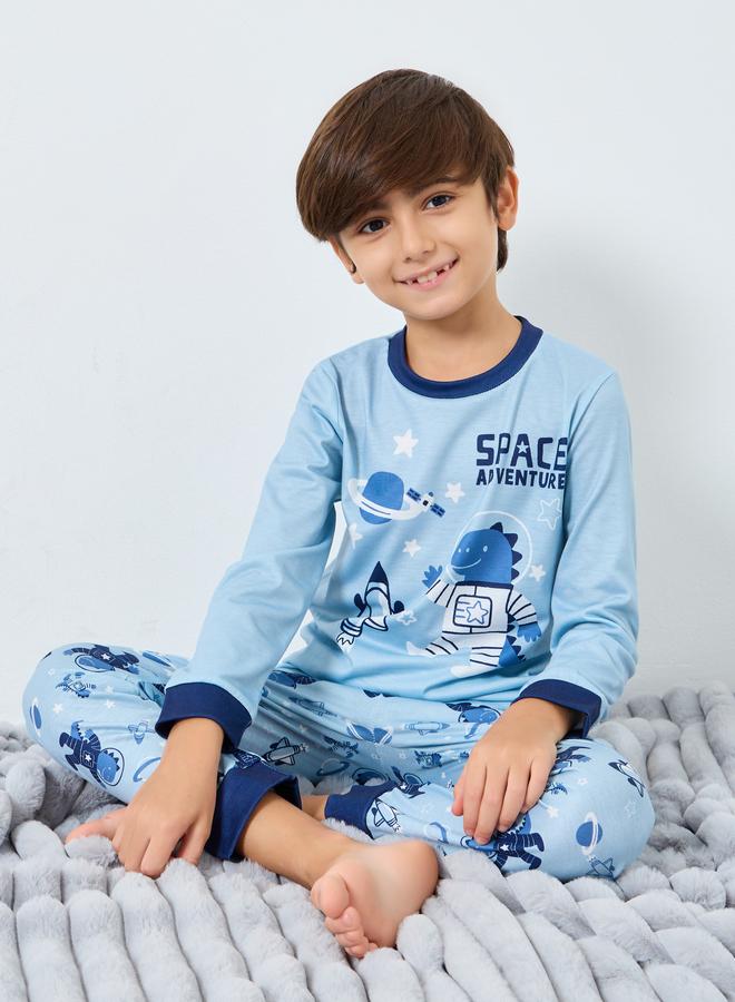 Styli Blue Space Printed Long Sleeve T-Shirt and Pyjama Set - Image 1