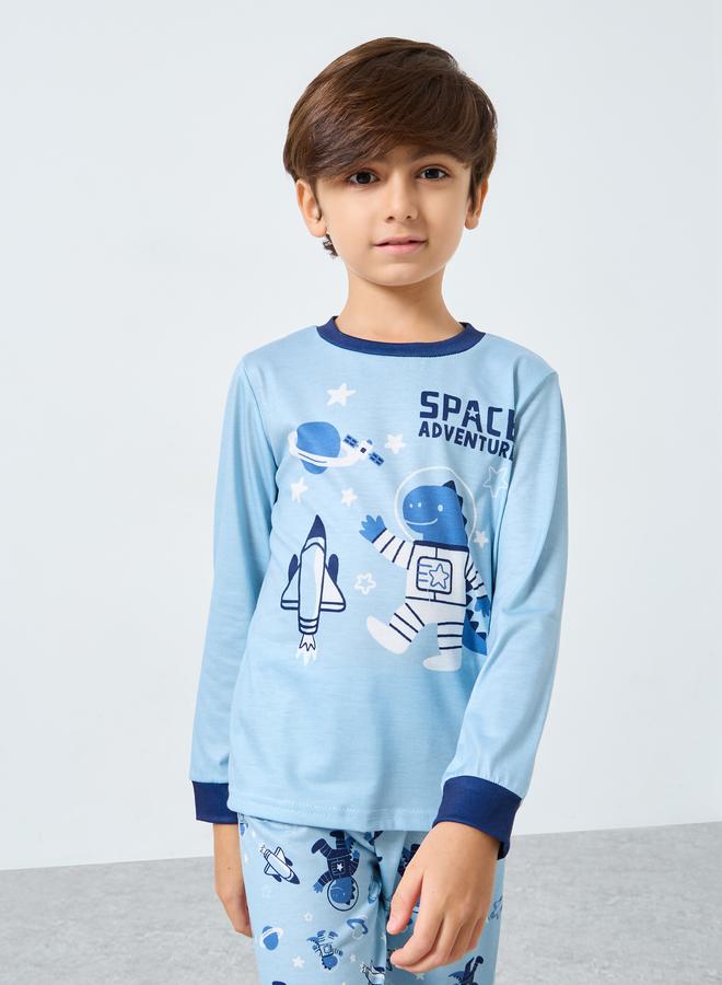 Styli Blue Space Printed Long Sleeve T-Shirt and Pyjama Set - Image 3