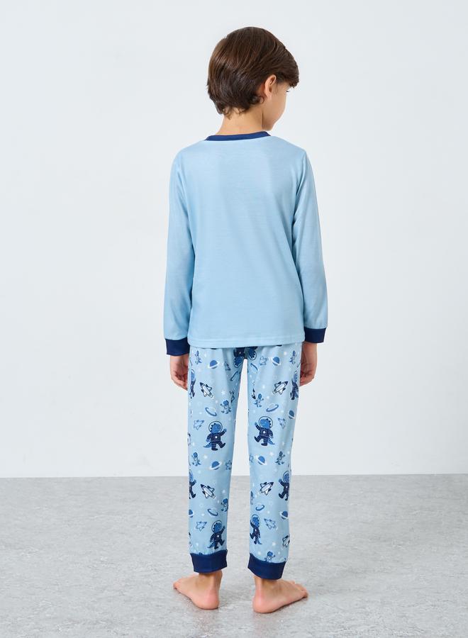 Styli Blue Space Printed Long Sleeve T-Shirt and Pyjama Set - Image 5