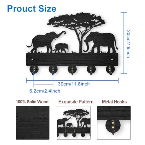 MAYJOYDIY Wooden Key Holder for Wall Elephant Family Design 118x8 inch 5 Alloy Hooks Decorative Wall Mount Organizer - Image 3