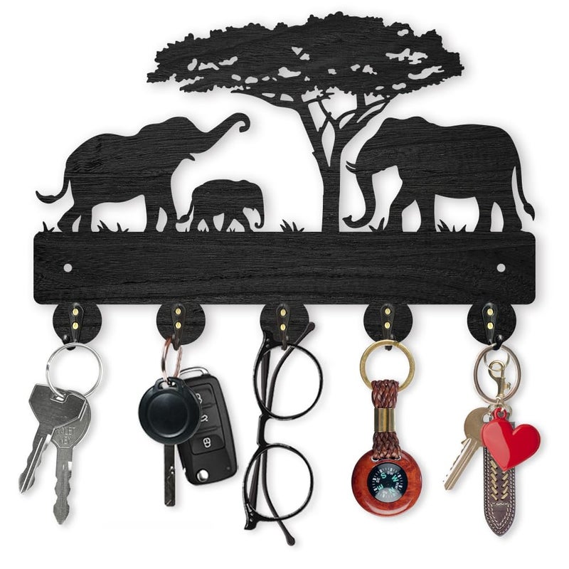 MAYJOYDIY Wooden Key Holder for Wall Elephant Family Design 118x8 inch 5 Alloy Hooks Decorative Wall Mount Organizer - Image 2
