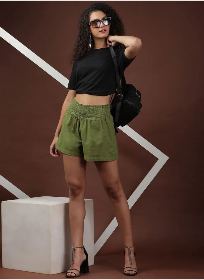 Freehand Women Flared Casual Solid Smocked Shorts