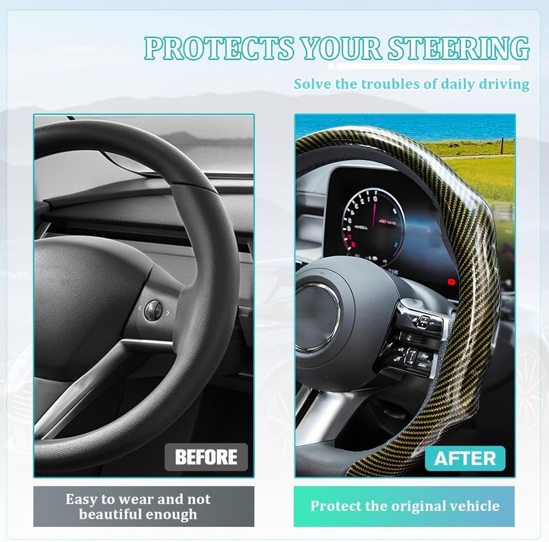 Sandfren Carbon Fiber Car Steering Wheel Cover, Non-Slip Comfortable Vehicle Steering Protector, Automotive Interior Wheel Wrap Cover Decoration Accessories, Universal Fit (Golden) - Image 4