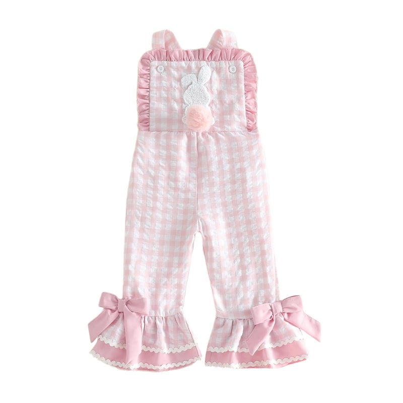 YINGISFITM Toddler Baby Girl Easter Outfit Bunny Overalls Ruffle Bell-Bottom Plaid One Piece Romper Jumpsuit Cute Clothes (Bunny Pink, 12-18 Months) - Image 1