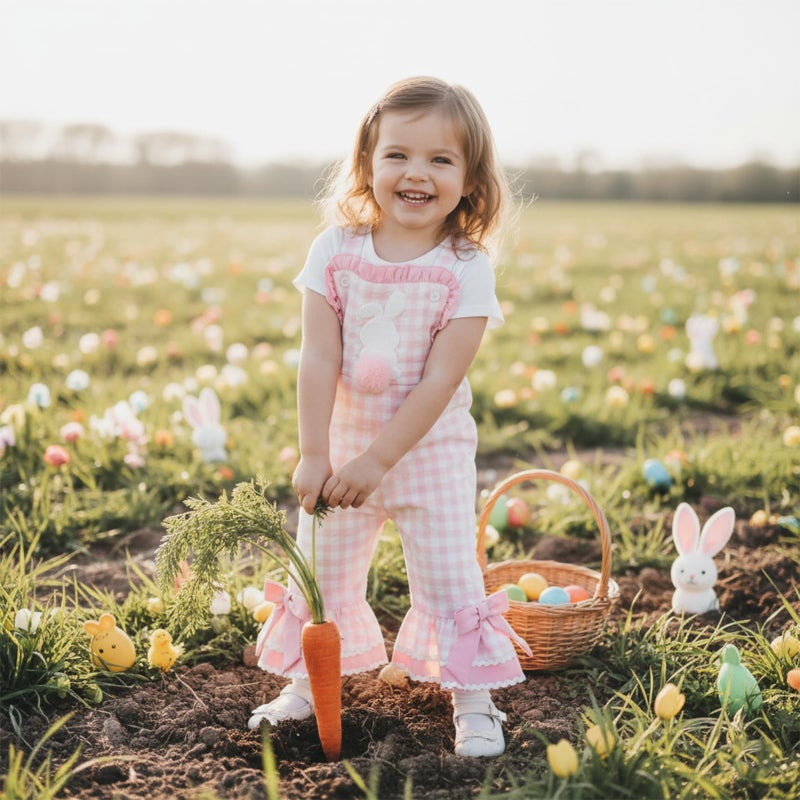 YINGISFITM Toddler Baby Girl Easter Outfit Bunny Overalls Ruffle Bell-Bottom Plaid One Piece Romper Jumpsuit Cute Clothes (Bunny Pink, 12-18 Months) - Image 2