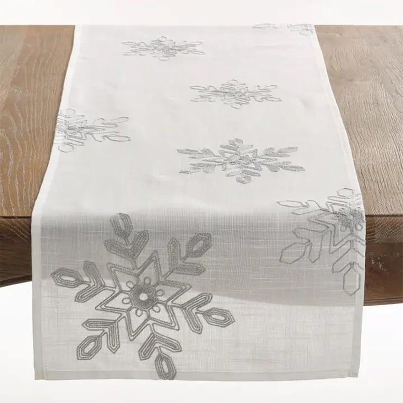 Fennco Styles Holiday Nivalis Collection Snowflake Design Decorative Table Runner 16W x 108L Silver Table Cover for Home Dining Table Christmas Dcor Banquet Family Gathering Special Occasion