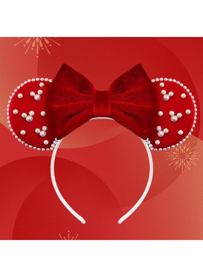 Minnie Mouse Disney Minnie Mouse Ears Headband with Pearl Embellishments, Velvet Bow Comfortable Hair Hoop for Theme Park, Women & Kids - Image 4