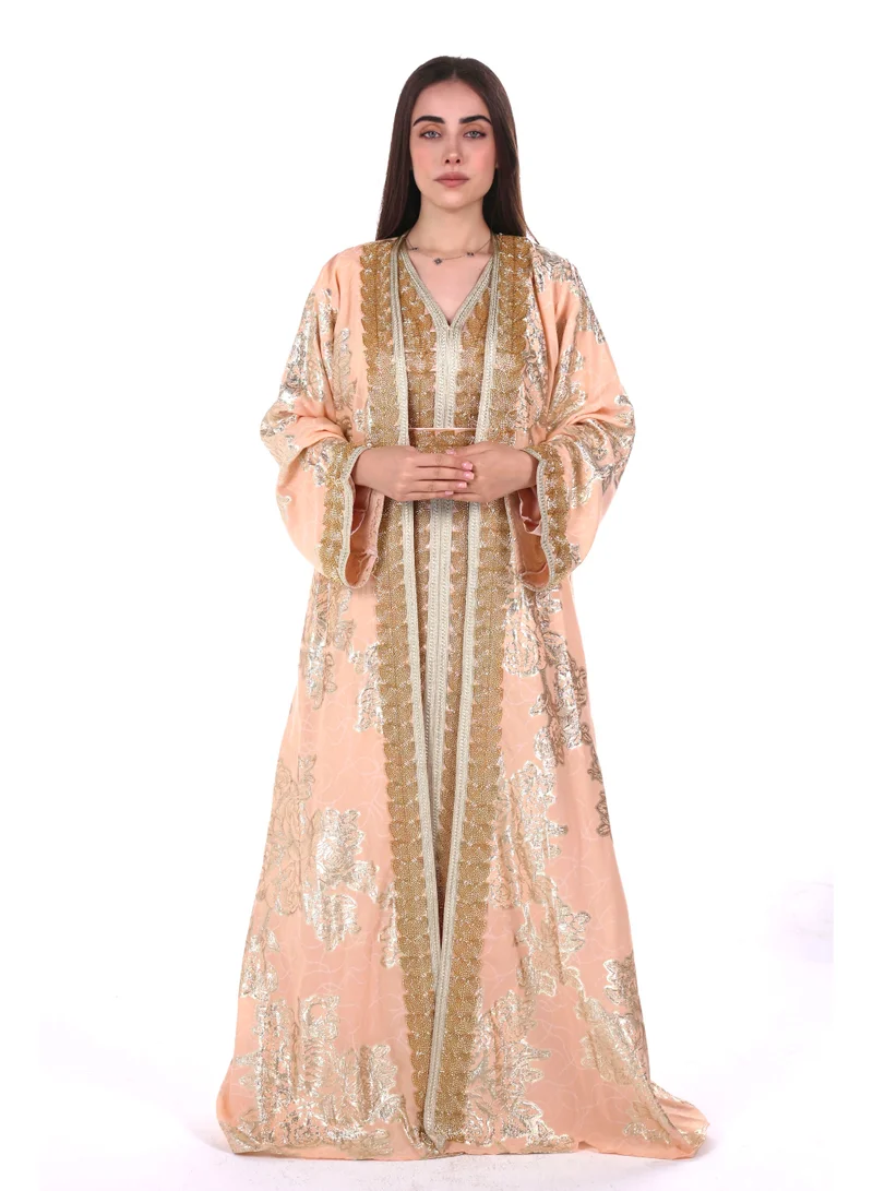 AL BENT AL SHARQIEH Peach Pink embroidered satin kaftan dress for Women | Best Price UAE