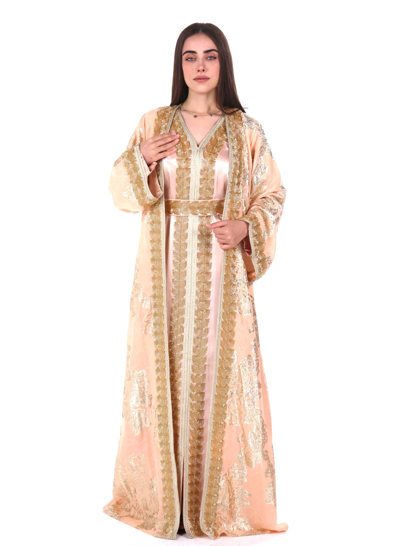AL BENT AL SHARQIEH Peach Pink embroidered satin kaftan dress for Women | Best Price UAE