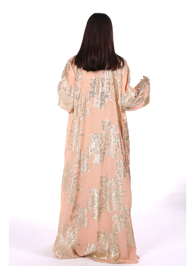 AL BENT AL SHARQIEH Peach Pink embroidered satin kaftan dress for Women | Best Price UAE