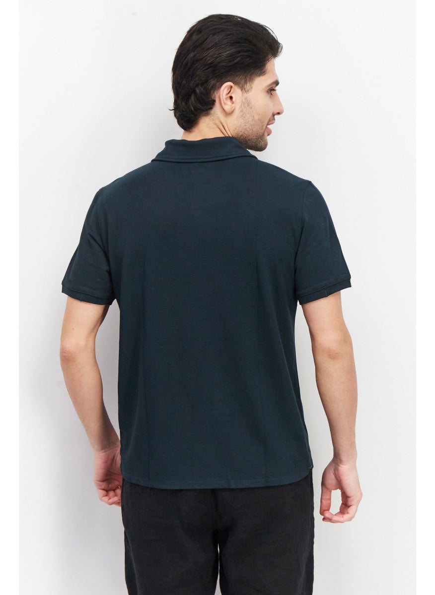 Kenneth Cole - Men Spread Collar Short Sleeve Plain Polo Shirt, Navy - Image 1