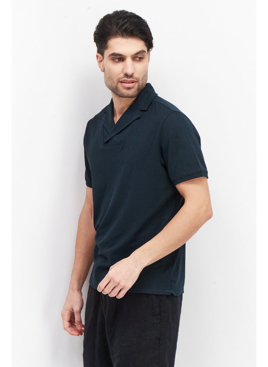 Kenneth Cole - Men Spread Collar Short Sleeve Plain Polo Shirt, Navy - Image 1