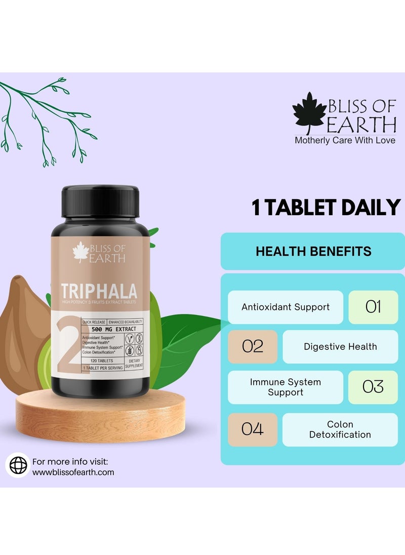 BLISS OF EARTH - Triphala Extract Tablets 500mg For Daily Detoxifying Cleansing Great for Digestive Health 60 Tablets - Image 1