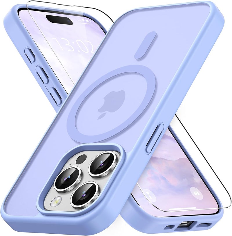 حافظة مغناطيسية لـ iPhone 15 Pro مع زجاج واقي واحد، متوافقة مع Magsafe، حماية من السقوط وفق المعايير العسك��ية، ظهر غير لامع شفاف، حافظة هاتف مقاومة للصدمات، أرجواني فاتح - Image 2