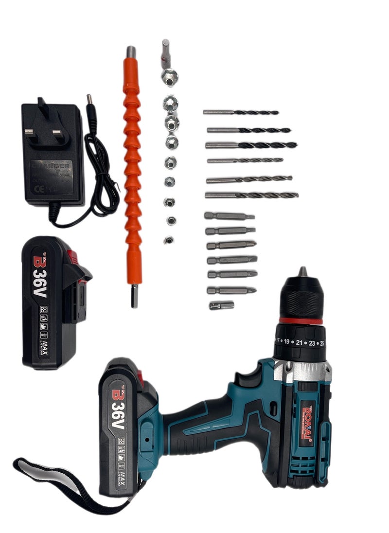 BONAI BONAI Tool Set with Drill, Cordless Drill Tool Kit Household Power Tools Drill Set with 2 pcs 36V Li-Ion Battery & Charger for Home Tool Kit with 15 Pieces Bits  - Image 4