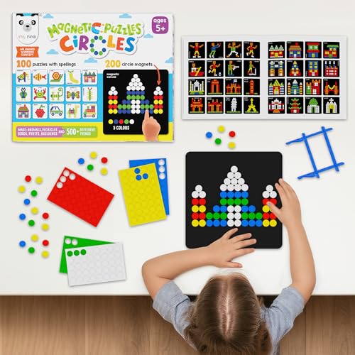 Play Panda مجموعة باندا المغناطيسية للألغاز للأطفال، دوائر صغيرة مع 200 شكل مغناطيسي مع لوحة مغناطيسية، 100 كتاب ألغاز و100 نمط لغز، حامل عرض وصينية تخزين، لعبة تعليمية داخلية - Image 2