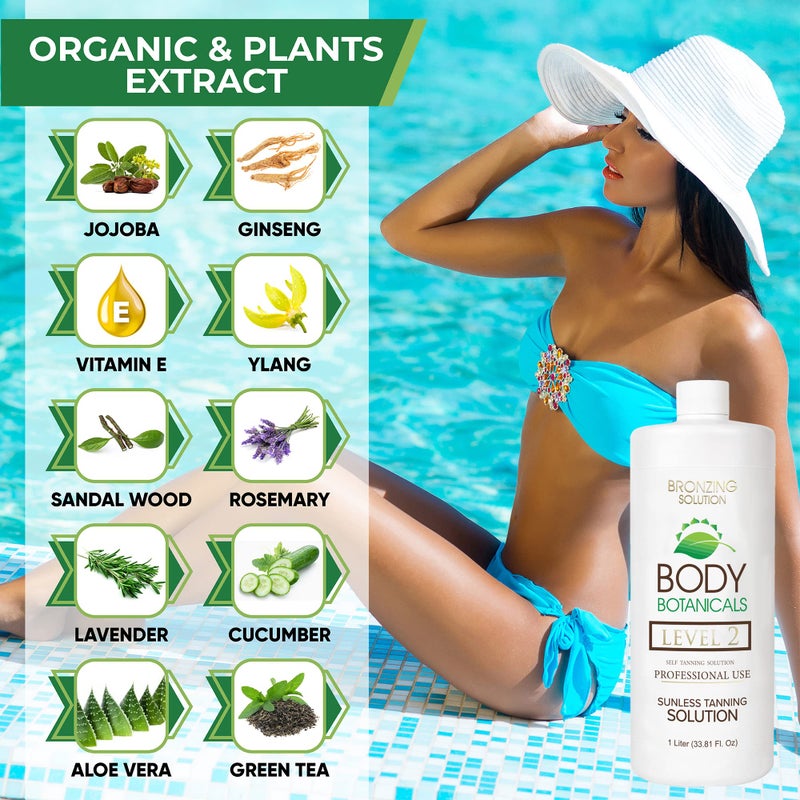 Body Botanicals, Professional Sunless Tanning Spray Tan Solution, Organic Essential Oils, Airbrush Formula, 33.8 Fl Oz. (Level 2 (10% DHA)) - Image 2